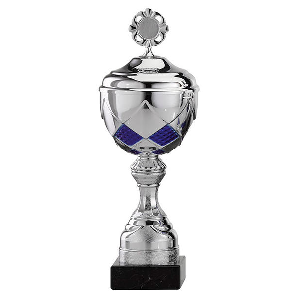 Zilveren trofee met blauwe vierkantjes als details