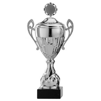 Grote zilveren trofee met sierlijke oortjes