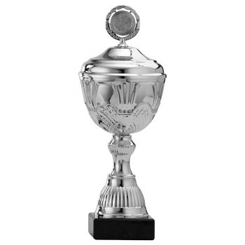 Zilveren trofee met details in het boven en onderstuk