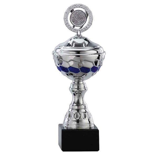 Zilveren trofee met blauwe detail in het middenstuk